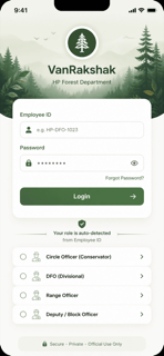 Van Rakshak login screen showing Employee ID login and role selection