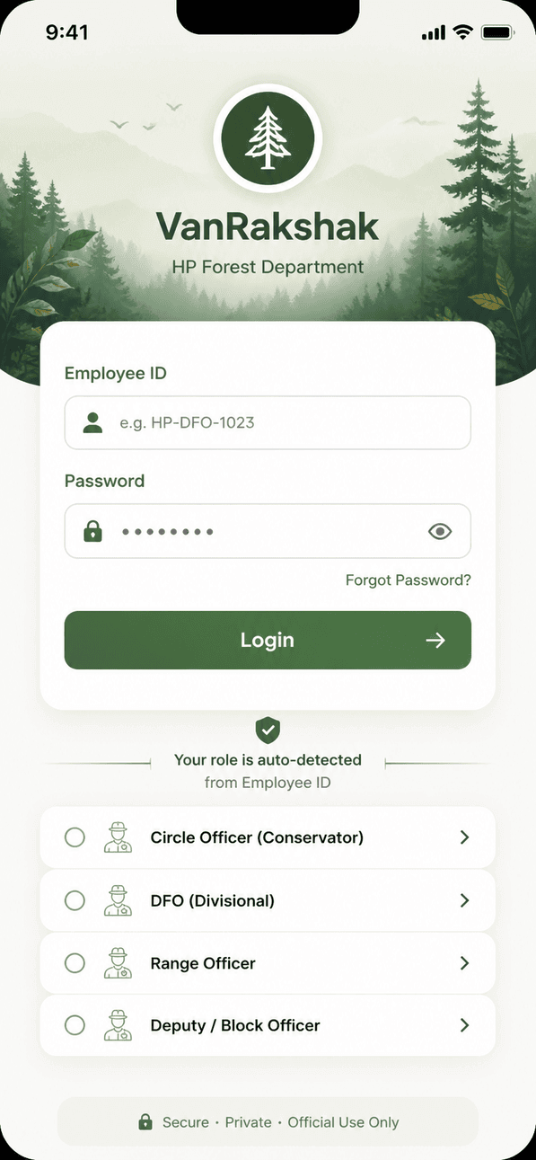 Van Rakshak app login screen showing Employee ID login and role selection