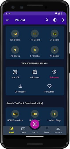 NCERT Books app home screen showing class and subject shortcuts